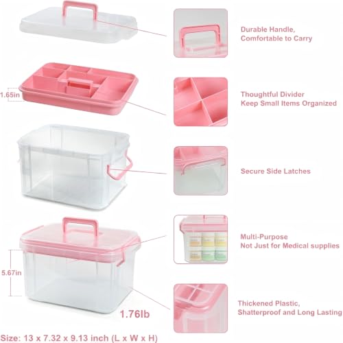 Image of HEY FOLY 15qt Pink Medicine Organizer Storage Box with Tray, Plastic First Aid Box Empty, Thickened Medicine Container Chest, Multipurpose Medical Case with Labels, Medicine Caddy with Lids Handles