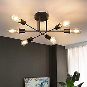 CBJKTX Plafondlamp Vintage Plafondlamp 6 Vlammen Woonkamerlamp E27 Kroonluchter Zwart Slaapkamerlamp Retro Industriële…