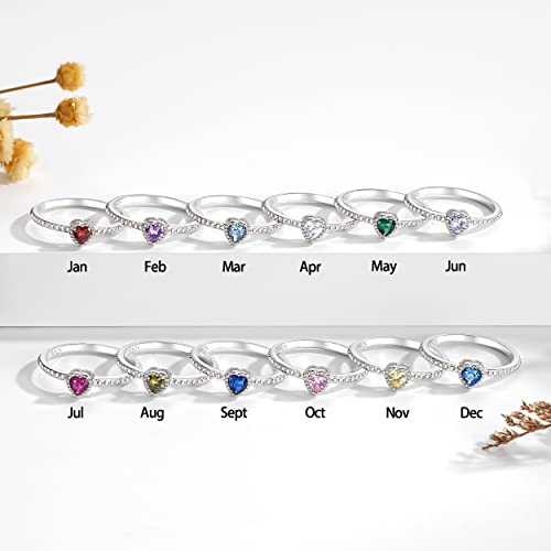 Birthstone Rings for Women: S925 Sterling Silver Stacking Birthstones Ring Cubic Zirconia Heart Stackable Band Rings - Birthday Mother's Day Jewelry Gifts for Mother Daughte2