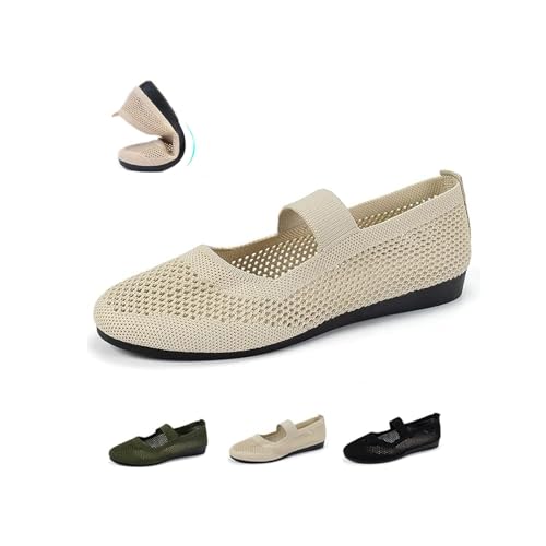 Women's Flats with Arch Support Mary Jane Walking Shoes Women Comfortable Lightweight Ballet Flat Round Toe Slip on Knitted Mesh Shoes