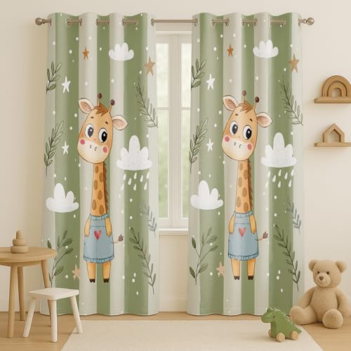 Image of STITCHNEST Velvet Kids Curtains Pack of 2 | Cartoon Giraffe in Dress Print | Semi Blackout Curtains for Nursery, Baby & Toddler Room | 7 Feet