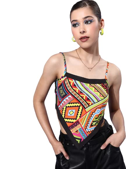 Image of Style Quotient Yellow Green Geometric Print Crepe Scarf Crop Top