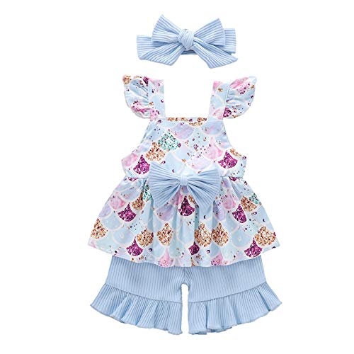 3PCS Newborn Baby Girls Short Sets Short Sleeve Print Ruffle Bowknot Tank Dress Tops Shorts with Headband Outfit (A-Blue, 2-3 Years)