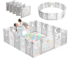 Baby Playpen, Dripex Baby Playard for Babies and Toddlers, 18-Panel Foldable Playpen Adjustable Portable Play Area, Indoor/Outdoor Kids Active Center with Game Panel & Safety Gate, Grey White