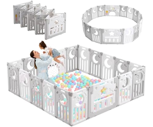 Baby Playpen, Dripex Baby Playard for Babies and Toddlers, 18-Panel Foldable Playpen Adjustable Portable Play Area, Indoor/Outdoor Kids Active Center with Game Panel & Safety Gate, Grey White