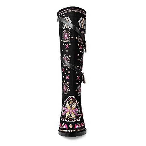 SaraIris Buckle Floral Embroidery Zipper Square Heels Ethnic Knee High Boots for Women