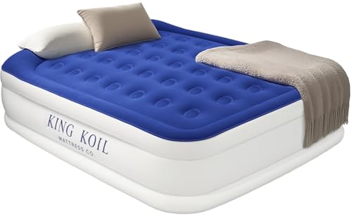King Koil Luxury Pillow Top Plush Queen Air Mattress with Built-in High-Speed Pump Best for Home, Camping, Guests, 16" Queen Size Double Airbed Adjustable Blow Up Mattress, Waterproof, 1-Year Warranty