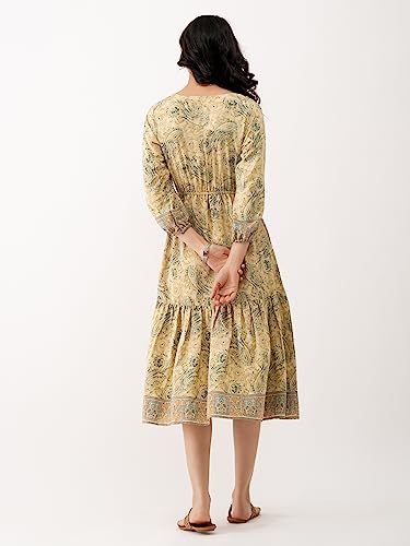 Image of AASK Abstract Printed Puff Sleeve Gathered Detailed Fit Flare Dress