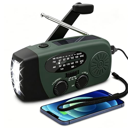 Radio Solar de Emergencia con Manivela Portátil, FM/AM 2000mAh 3 Modos de Luz LED Linterna, Carga Solar USB C y Manivela, Resistente al Agua Ideal para Camping Viajes Supervivencia y Cortes de Energía