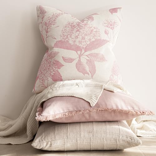 Image of Foindtower Set of 2 Linen Floral Throw Pillow Covers Neutral Vintage Print Decorative Cozy Cushion Covers Farmhouse Boho Home Decor for Sofa Chair Couch Bedroom Living Room,22x22 Inch,Light Pink