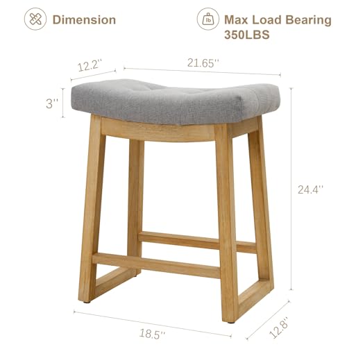 Image of Counter Height Bar Stools Set of 6, 24 Inch Backless Upholstered Bar Stools with Wood Legs, Modern Farmhouse Saddle Stools for Kitchen Island, Home Bar, Grey Fabric