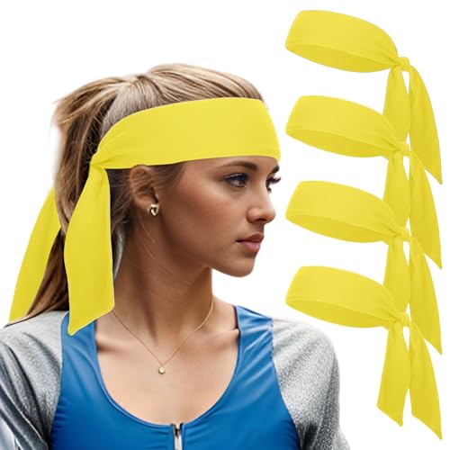 TopTie 4 Packs Tie Sweat Headbands for Men Women, Sport Headband Tie Back for Running Tennis Basketball-4 Yellow
