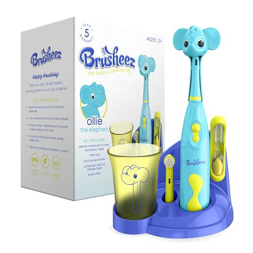 Brusheez Kids’ Electric Toothbrush Set - Safe & Effective for Ages 3+ - Parent Tested & Approved with Gentle Bristles, 2 Brush Heads, Rinse Cup, 2-Minute Timer, & Storage Base (Ollie The Elephant)