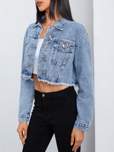 MakeMeChic Women's Crop Denim Jacket Casual Long Sleeve Ripped Frayed Hem Jean Jackets4