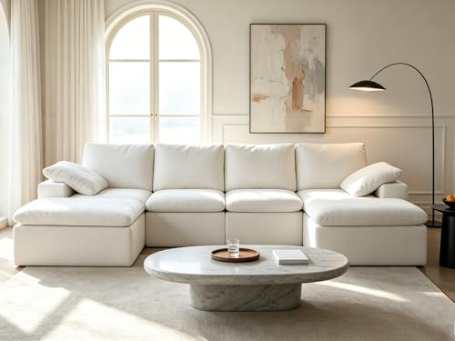 Image of 140 inch Cloud Sectional Couches for Living Room, Boneless U Shaped Couch | Convertible L Shaped Sofa Bed with Ottoman, No Assembly, 6 Seater Modular Sectional Sofa, Warm White
