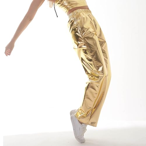 Women Shiny Hip Hop Trousers Metallic Wetlook Wide Leg Pants Retro Disco Hippie Club Straight Leg Pants Streetwear3
