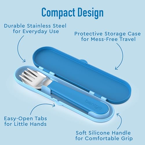 Image of Bentgo Kids Stainless Steel Utensil Set - Reusable Fork, Spoon & Storage Case - High-Grade BPA-Free Stainless Steel, Easy-Grip Handles, Dishwasher Safe for School Lunch, Travel & Outdoors (Blue)