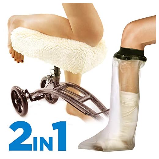 Colux Knee Walker Pad Cover + Watertight Cast and Bandage Protector | Plush, Synthetic, Faux Sheepskin Scooter Washable Cushion for Knee Roller & Adult Foot Protection in Shower (Off White)