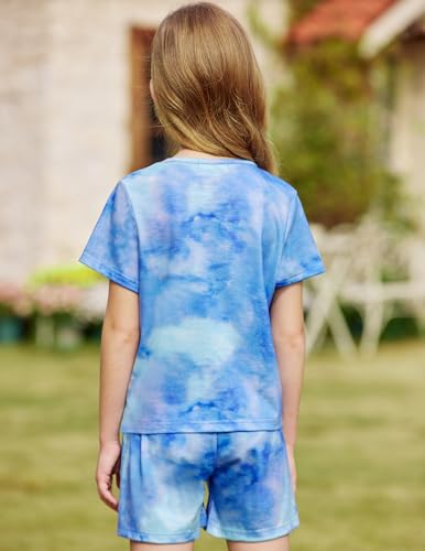 Image of Arshiner Girls Summer 2 Piece Outfits Tie Dye Short Sets Casual Twist Front Short Sleeve Tops and Pant with Pockets