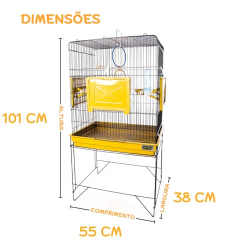 Gaiola para Pássaros com Pedestal Triplex Espaçosa Amarela com Comedouros e Acessórios