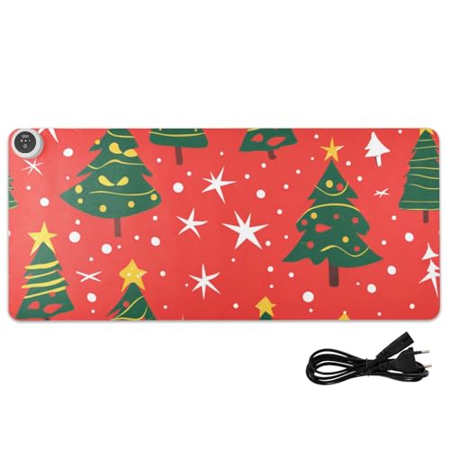 Amooorous Alfombrilla de ratón de poliuretano calentada con diseño de árboles de Navidad sobre un fondo rojo, 31.5 x 13 pulgadas, calentador de manos, protector de escritorio para computadora y