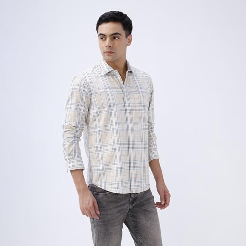 Image of BASICS 100% Cotton Checked Shirt for Men | Slim Fit | Everyday Smart Casual Wear | Full Sleeve