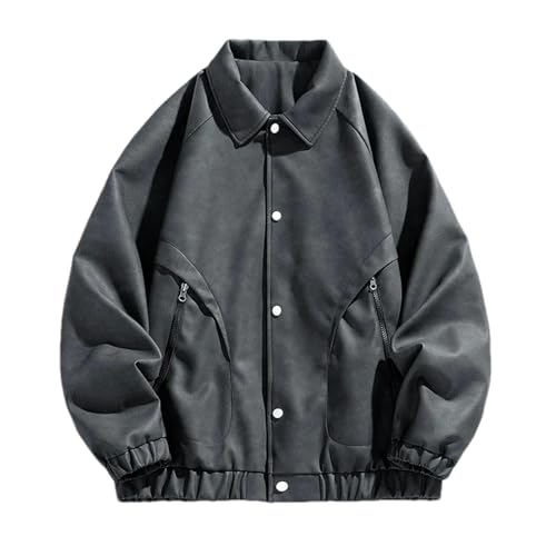 Chaqueta de cuero para hombre con cuello de solapa y corte holgado de béisbol