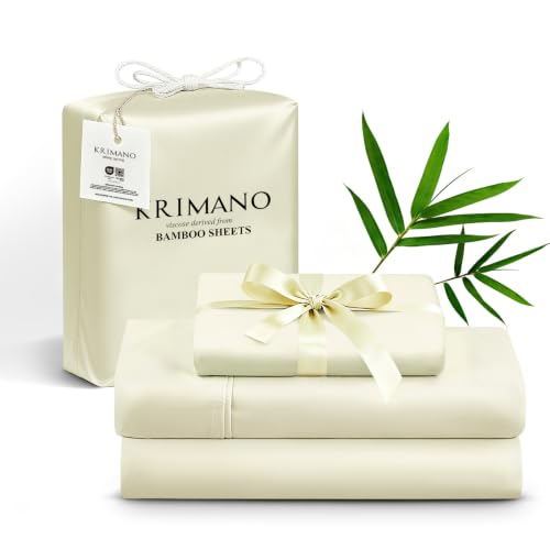 Image of Twin Size Sheet Set, Viscose Bamboo Sheets for Bed Set 3pcs, 100% Viscose Derived from Bamboo, Hotel Luxury Silky & Cooling for Hot Sleepers, Deep Pocket Up to 17 inch, Creme