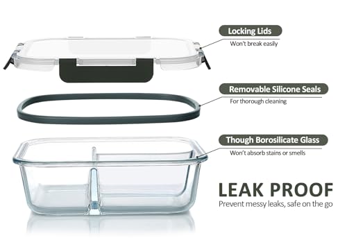 M MCIRCO [5-Pack, 36 oz] Glass Meal Prep Containers 3 Compartment with Lids, Glass Lunch Containers,Food Prep Lunch Box,Bento Box,Microwave, Oven, Freezer, Dishwasher (4.5 Cups)