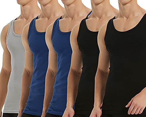 Falechay Débardeur Homme Lot de 5 Maillot de Corps 100% Coton Musculation Sport Maillot de Corps Noir Bleu Gris XXL