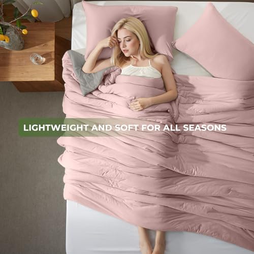 Image of Queen Comforter Set, Comforters Queen Size Luxury Ultra-Soft Jersey Knit Bedding Sets, Grey /Rose Lightweight Down Alternative Bed Comforte Queen for All Season, 3 Piece Bedding Setrey