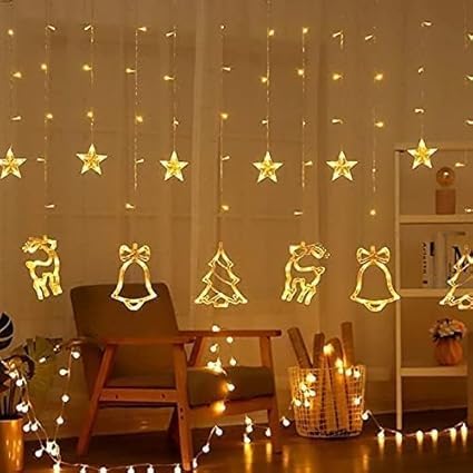 Image of Christmas LED Lights - 138 LEDs with Star, Jingle Bell, Reindeer, and Christmas Tree Designs | 8 Lighting Modes for Home, Bedroom, Wedding, and Party Decorations (Warm White)