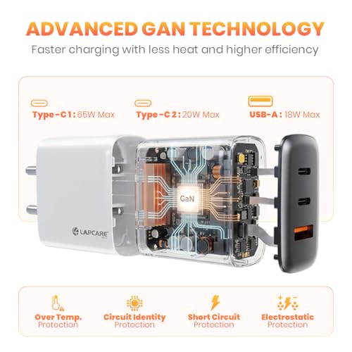 Image of LAPCARE Trio Thumby 65W GaN Wall Charger - Dual USB-C PD & USB-A Fast Charger, Compact 3-Port Compatible Adapter for MacBook, iPhone, Samsung, iPad, and More