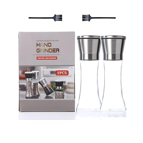 Manual Pepper and Sea Salt Grinder, Set of 2, Ceramic Movement, Stainless Steel Bottle Cap, Glass Bottle Body, Tall model