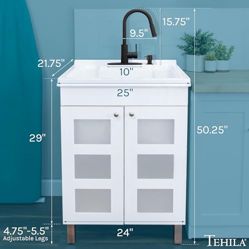 Image of Utility Sink with White Vanity Cabinet by JS Jackson Supplies, Black High-Arc Pull-Down Sprayer Faucet, Soap Dispenser and Spacious Vanity for Laundry Room