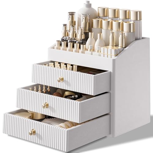 LADSTAG Vanity Organizers,Luxury Skincare Organizer with 3 Tier Drawers,Beige White