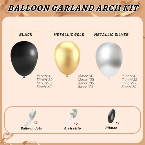 Image of 412Pcs Black Gold Silver Balloons Garland Arch Kit,18 12 10 5 Inch Different Size Latex Balloons for Graduation Birthday Wedding Party Decorations
