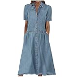 Women's Casual V-Neck Mid-Length Denim A-Line Pleated Midi Dress With Pockets - Solid Color Loose Comfy Summer Vacation Cover Ups
