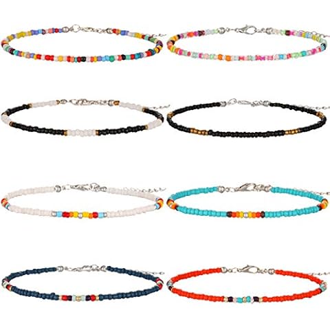 Starain 8Pcs Handmade Beaded Anklets for Women Boho Colorful Beads Ankle Bracelets Adjustable Foot Anklet Set Cover