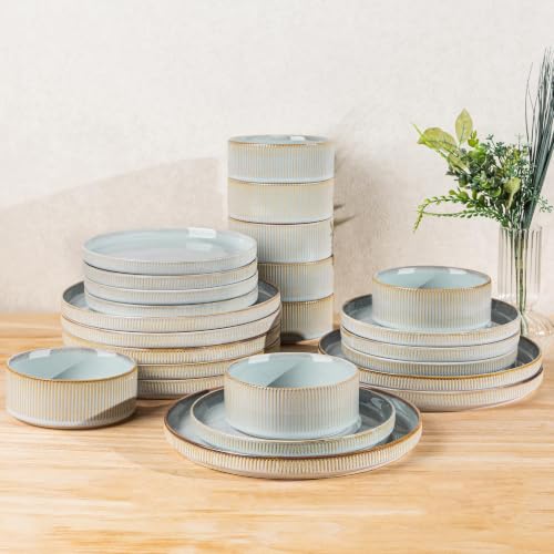 Image of TheTerra Ceramic Dinnerware Sets for 8, 24 Pieces Porcelain Lightweight Plates and Bowls Sets, Scratch Resistant Dish Set, Oven & Microwave & Dishwasher Safe,Mist Blue