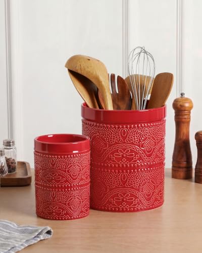 Image of FUN ELEMENTS Kitchen Utensil Holder, 7.2+5.5 inch Super Large Utensil Crock Heavy and Stable Lace Emboss Ceramic Utensil Holder for Kitchen Counter (2Pcs Christmas Red)