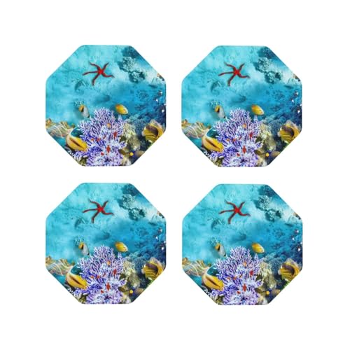 Set di 4 sottobicchieri ottagonali in pelle, leggeri, con coralli e pesci tropicali, per scrivania, anti-scottature, per decorare la tavola dell'ufficio