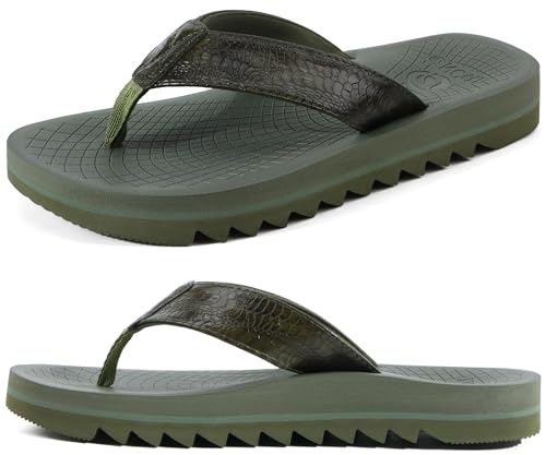 Image of ONCAI Flip Flops for Men, Mens Summer Beach Sandals with Faux Leather Straps and Comfort Cushion Yoga Mat, Arch Support Non Slip Soles US Size 7-15