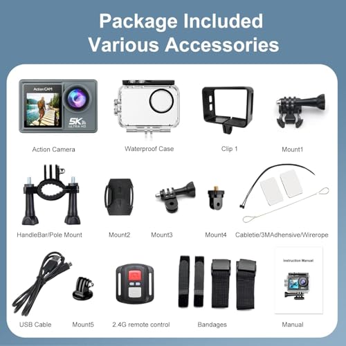 Image of 5K WiFi Touch Screen Action Camera with Front LCD EIS 100FT Waterproof,Underwater 170Ultra Wide Angle 5X Zoom Sports Camera with 2.4G 15M Remote Control 32GB Memory Card (B21)