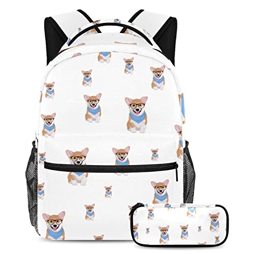 Sac à dos voyage multicolore Corgi pour étudiant avec sa trousse d'école