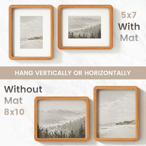 Image of 8x10 Picture Frame, USA-Sourced Natural Teak Wood Photo Collage Frame with HD Tempered Glass, Modern Simple 8 x 10 Wooden Frame Matted to 5x7, Gallery Wall Frames for Art, Wall or Tabletop Display