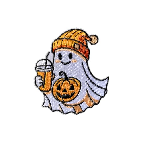 AKIKOPATCH Cute Ghost Pumpkin Iron On Patches Size 3 Patches for Clothes Backpacks Hats Jeans Bags Thanksgiving Embroidered Patches Funny Halloween Iron On Fabric Patches DIY Gift for Coffee Lover