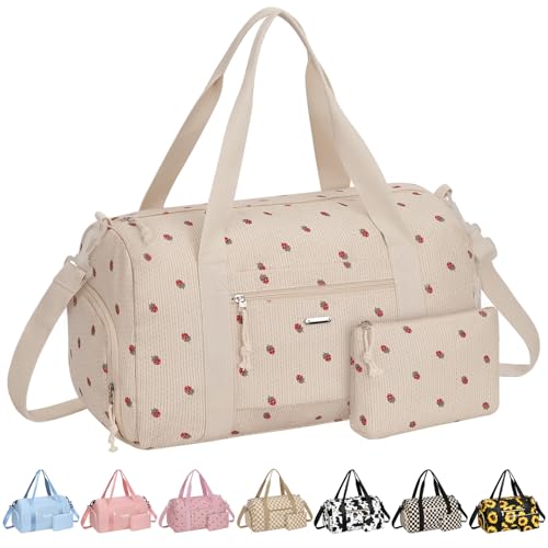Vankor Corduroy Gym Bag for Women Teen Girls Kids Cute, Small Womens Girl Gym Duffle bag with Shoe Compartment Portable for Sport Dance Workout Travel Beige Corduroy Strawberry