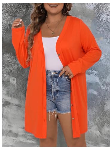 Image of SOLY HUX Women's Plus Size Cardigan Button Down V Neck Long Sleeve Casual Outerwear Plain Orange 1XL