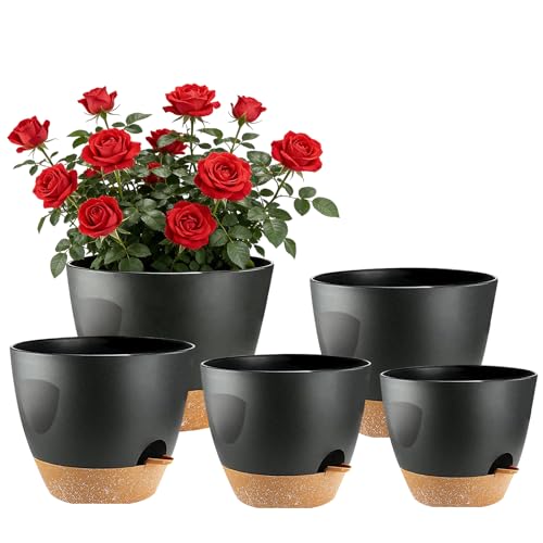 Shinybox 5 Piezas Maceta de Interior con Drenaje, 17.8/16.5/15.2/13.9/12.7cm Macetas de Auto-Riego, Macetas de Plástico con Asa, Macetas de con Forma de Flor para Interior para Decoración(Negro)